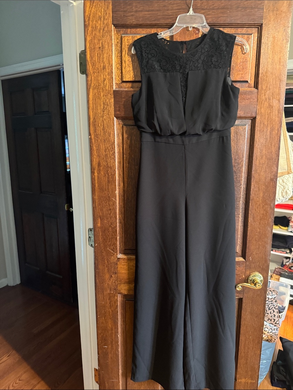 White House Black Market Sleeveless Black Lace-Yoke Wide-Leg Jumpsuit